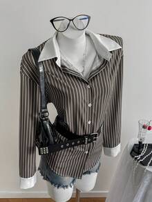 SHEIN Unity Áo len cardigan tay dài dáng rộng, họa tiết sọc tương phản mới dành cho nữ, phù hợp mặc đi làm, đi chơi và mặc hàng ngày, mùa xuân và thu - Nhiều màu - Xem 8