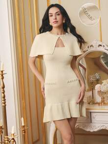 Omancia 2 件女士优雅奢华金色亮片斗篷吊带裙和针织毛衣套装，适合派对、万圣节、圣诞节、新年、秋冬 - 杏色 - 查看 3