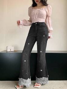 DAZY Quần Jeans Ống Loe Ôm Dáng Quyến Rũ Cho Nữ, Quần Thường Ngày Có Viền Ren Rỗng, Họa Tiết Hoa Thêu Chắp Vá - màu đen - Xem 2