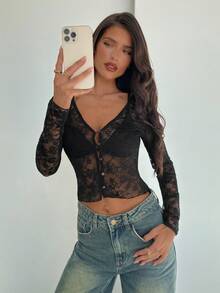 Aloruh Women's Deep V-Neck Black Lace Sheer Long Sleeve T-Shirt, Autumn/Winter - Black - View 2