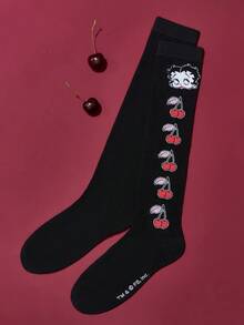 Betty Boop x SHEIN Letter And Badge Pattern Black Over-The-Knee Socks,Gift Ideas,Party,Holiday,Valentine's Day - Black - View 5