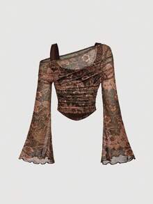 SHEIN MOD 女士不对称肩部花卉印花网眼T恤 - 彩色 - 查看 3