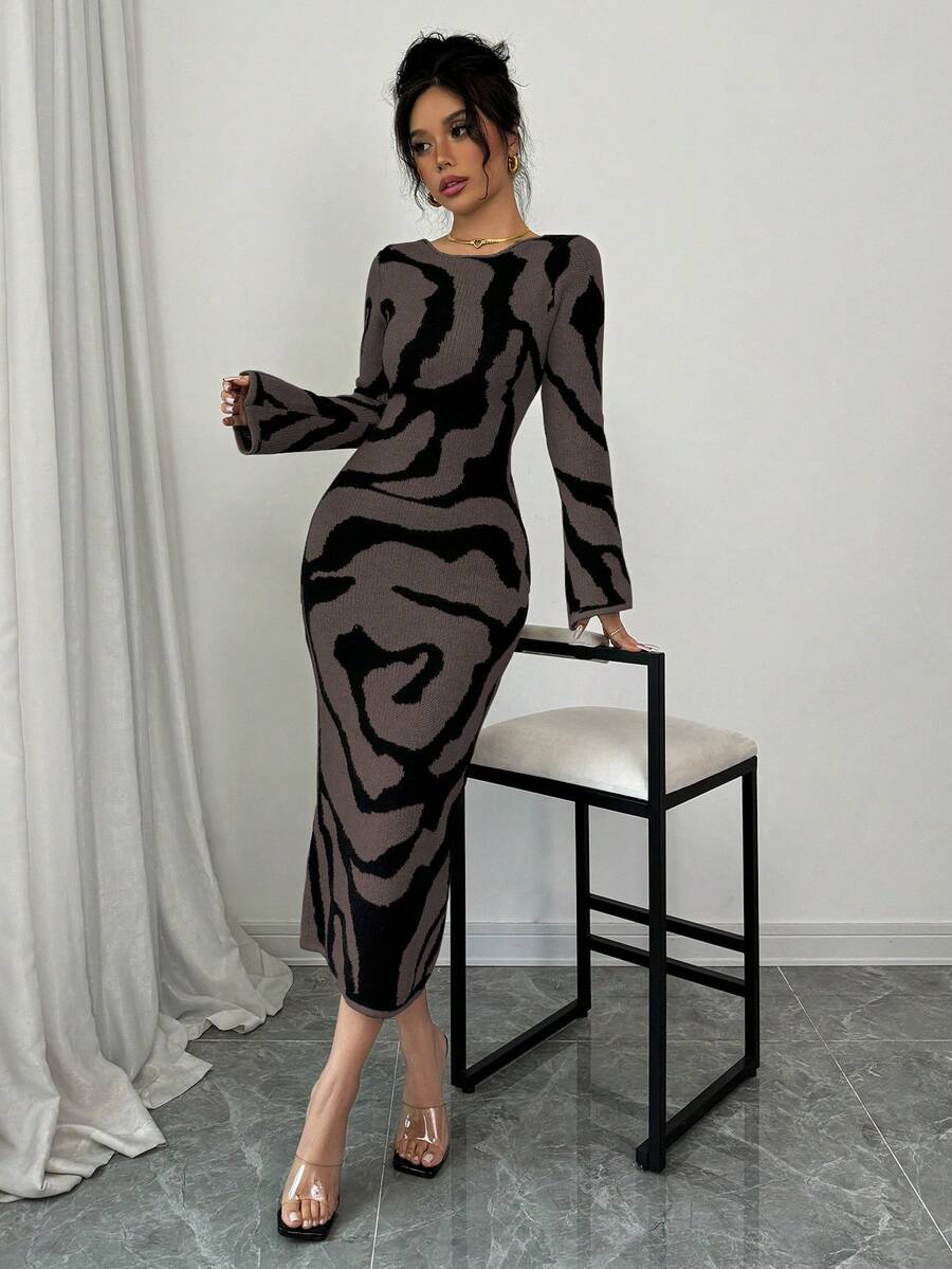 Elenzga Women's Sweater Dress With Flare Sleeves - Mocha Brown - View 1