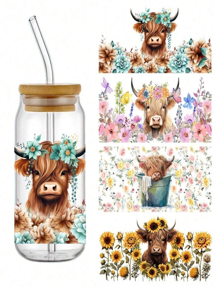 SHEIN Basic living 4Pcs Cute Highland Cow UV DTF Cup Decals - Libbey Glass 16oz Glass Waterproof Transfer Stickers - Fashion DIY Crafting 3D Crystal Labels, Durable Scratch-Resistant DIY Transfer Stickers For Mugs, Iced Coffee Cups, Water Bottles, Furniture, Laptops - High Quality Plastic, 11x24cm/4.3x9.4in