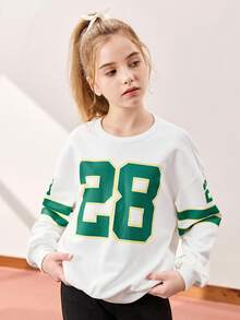 JNSQ Tween Girls Casual Loose Fit Graphic Print Crew Neck Long Sleeve Sweatshirt, Suitable For School, Outdoor Activities, Vacation, Streetwear, Party And Leisure, Autumn/Winter - White - View 3