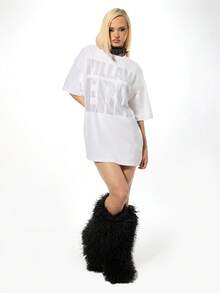 SUMWON Plus Size Rhinestone Embellished Oversized T-Shirt Dress With Short Sleeves And Crew Neck - White - View 3