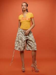 SUMWON 大码牛仔工装短裤，多口袋，夏季休闲，迷彩印花，高腰 - 灰色 - 查看 6