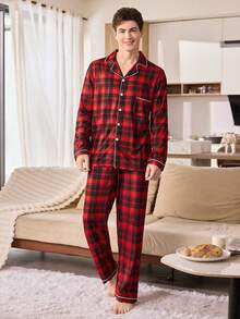 CoupledUp 男士休闲翻领格子印花长袖睡衣套装，秋冬季服装