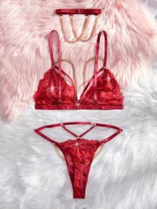 哥特式花卉蕾丝吊带链条细节内衣套装 - 酒紅色 - 查看 2