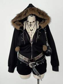 Sunspun 大码连帽流苏串珠长袖夹克 - 黑色 - 查看 7