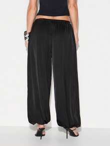 KIZN Women Black Satin Balloon Joggers Loose Fit High Rise Wide Leg Drawstring Casual Pants - Burgundy - View 2