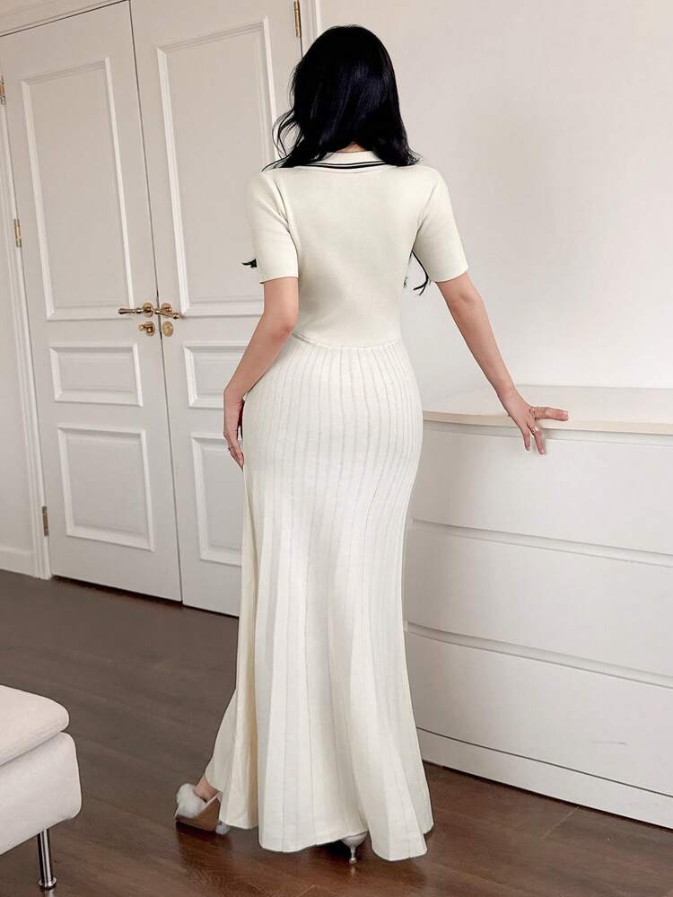 Women's Casual Contrast Color Lapel Pleated Knit Sweater Dress, Autumn