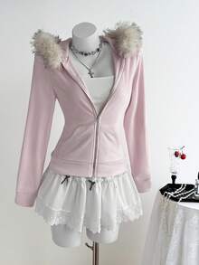 Sweetra Vintage Cropped Sweatshirt Fuzzy Zip-Up Sweatshirt Jacket For Women, Pink, Autumn/Winter - Pink - View 4