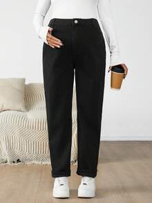 SHEIN Maternity Fall Autumn Winter Halloween Christmas New Year Thanksgiving Solid Color Casual Adjustable Waist Fleece Lined Jeans, Autumn/Winter Mom Jeans Comfortable Thermal Straight Leg Jeans Fleece-Lined Jeans Y2k Cute Streetwear 2000S Coquette Techno Outfit Birthday Outfit Night Out Going Out Club Outfit Airport Outfit Party Business Casual Woman