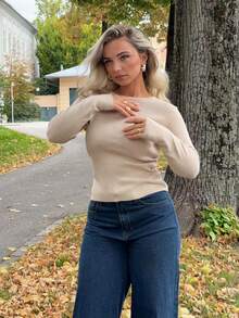 Jeta Ari Knitted Crew Neck Long Sleeve Top Casual Vacation Airport Holiday Fall Back To School Autumn Winter - Apricot - View 6