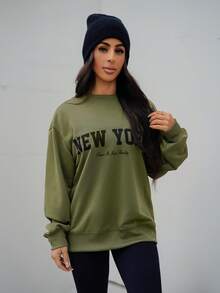 SAYEHFBABY 女士休闲字母印花落肩宽松橄榄绿色运动衫，春秋 - 軍綠色 - 查看 6