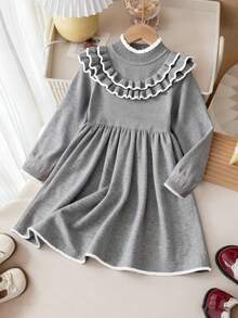 女童时尚可爱荷叶边针织长袖毛衣连衣裙，秋冬女童毛衣连衣裙，长袖女童连衣裙，女童冬季连衣裙，女童荷叶边连衣裙，女童灰色连衣裙，秋冬女童灰色连衣裙，彼得潘领连衣裙，女童春秋连衣裙，女童春秋连衣裙，女童毛衣连衣裙，秋冬女童连衣裙，长袖童装连衣裙，女童针织连衣裙，秋冬女童连衣裙，秋冬女童连衣裙，长袖女童连衣裙，女童秋冬连衣裙，女童春秋连衣裙，女童服装 - 淺灰色 - 查看 1