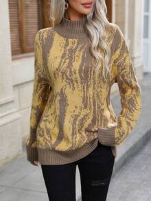 EMERY ROSE Women's Turtleneck Contrast Color Drop Shoulder Long Sleeve Loose Casual Knit Sweater - Mocha Brown - View 3