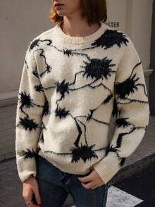 Manfinity CasualKnits 男士休闲日常通勤宽松套头毛衣，全身图案，秋冬 - 卡其色 - 查看 6