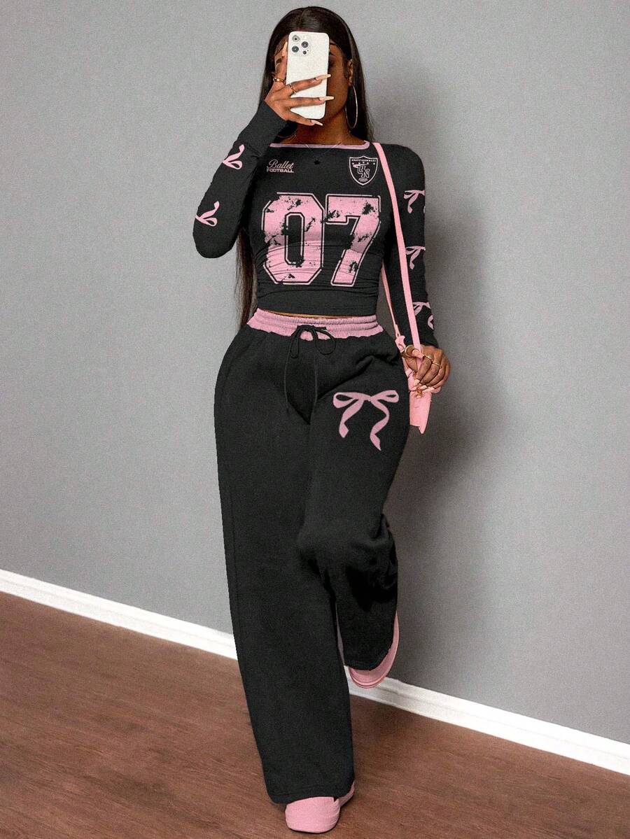 Slaydiva Bộ 2 quần thể thao ống đứng thường ngày dành cho nữ + áo phông dài tay/Dành cho mùa thu/đông/Quần áo Y2k/Thời trang dạo phố/Bộ đồ hai mảnh dành cho nữ/Trở lại trường/Thời trang dạo phố thường ngày/Phù hợp với phong cách Hip Hop/Số 07 & Họa tiết nơ - Nhiều màu - Xem 1