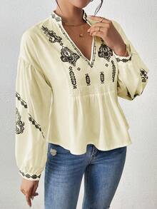 SHEIN LUNE Women's Shirred Graphic Print Long Sleeve Button Shirt Peplum Top - Light Yellow - View 4