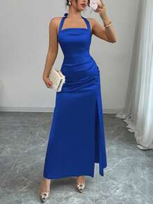 Rafferiza Elegant Champagne Color Bodycon Cami Elastic Satin Thigh High Slit Dress - Royal Blue - View 6