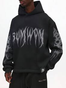 SUMWON 常规哥特式套头连帽衫，带有火焰字母设计和抽绳兜帽，适合休闲街头服饰 - 黑色 - 查看 5