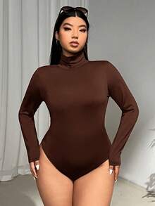 SHEIN EZwear 大码女式巧克力棕色高领长袖休闲T恤紧身衣 - 巧克力棕 - 查看 5