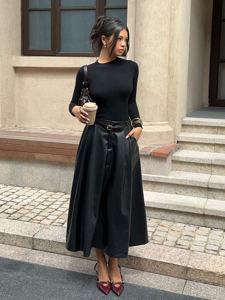 SHEIN EZwear Falda de piel sintética de unicolor minimalista para uso diario de mujer - Negro - Añade 7