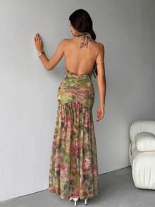 SHEIN Tall Váy maxi voan xẻ cao cổ chữ V sâu họa tiết hoa xanh lá cây và hồng thời trang xuân/hè, váy đi biển, váy thanh lịch gợi cảm, thích hợp mặc nhiều lớp vào mùa thu/đông, trang phục dự tiệc và hẹn hò, mọi mùa - màu xanh lá - Xem 4