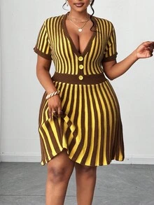 Maweii Plus Size Women's Sweater Dress,1950s Vintage Yellow Striped Cinched Waist A-Line Mini Dress, Knitted Everyday Autumn Dress,Punk Gothic Knitwear - Multicolor - View 7