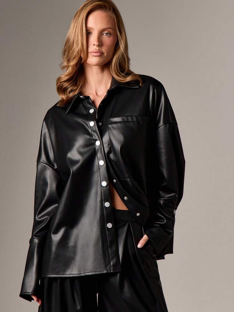 AiiRZ Oversized Faux Leather Button Up Shirt Long Sleeve Collared Blouse Fall Winter Office Casual Wear