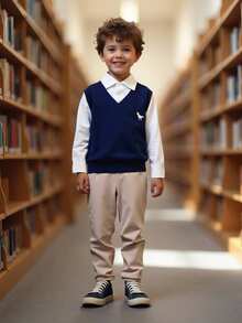 SHEIN 2pcs/Set Young BoyTextured Knit Sweater With Mock Neck And Graphic Tee, Casual Cargo Pants Outfit, Suitable For School, Autumn/Winter