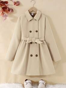 SHEIN Tween Girls Solid Simple Color Long Coat With Lapel, Suitable And Warm For Autumn Winter, Daily Wear, Casual Occasion, Back To School Girls Trench Coat Girls Winter Coat Kids Trench Coat Girls Coat