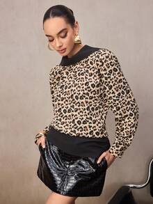 Modelyn Women's Autumn Leopard Print Turtleneck Long Sleeve Backless Fashionable Color Block Shirt - Multicolor - View 7