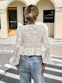 Serisse Áo cánh tay đèn lồng khoét sâu gợi cảm có dây buộc phía trước họa tiết hoa cho nữ - Màu be - Xem 2