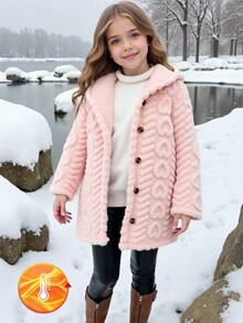 Elladie kids Dziewczęcy, swobodny, minimalistyczny, beżowy, dwustronny, pluszowy kardigan w kształcie serca z kapturem, odpowiedni na kurtkę zimową, idealny do noszenia na co dzień, do szkoły, na zewnątrz, do domu, na jesień/zimę - Różowy - Zobacz 3