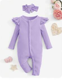 SHEIN Newborn Baby Girl Ruffle Trim Button Front Ribbed Knit Sleep Jumpsuit & Headband - Lilac Purple - View 2