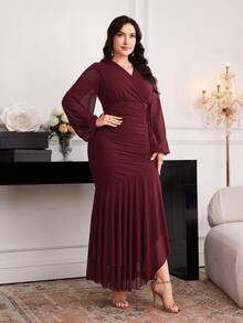 Modelyn Vestido elegante con cuello superpuesto, mangas farol y dobladillo con volantes, talla grande, otoño - Burdeos - Ver 3