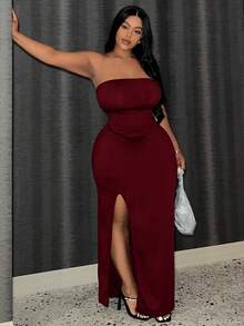 Slaydiva Đầm ôm sát xẻ cao màu trơn thanh lịch Slayr Plus dành cho nữ/Dành cho dịp Giáng sinh - Màu Đỏ Sâu - Xem 4