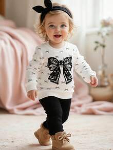 2pcs/Set Baby Girl Fashion Cute Bow Print Faux Lace Effect Crew Neck Long Sleeve Sweatshirt And Ribbed Leggings Pants Set, Suitable For Outings, Home And Leisure, Autumn/Winter