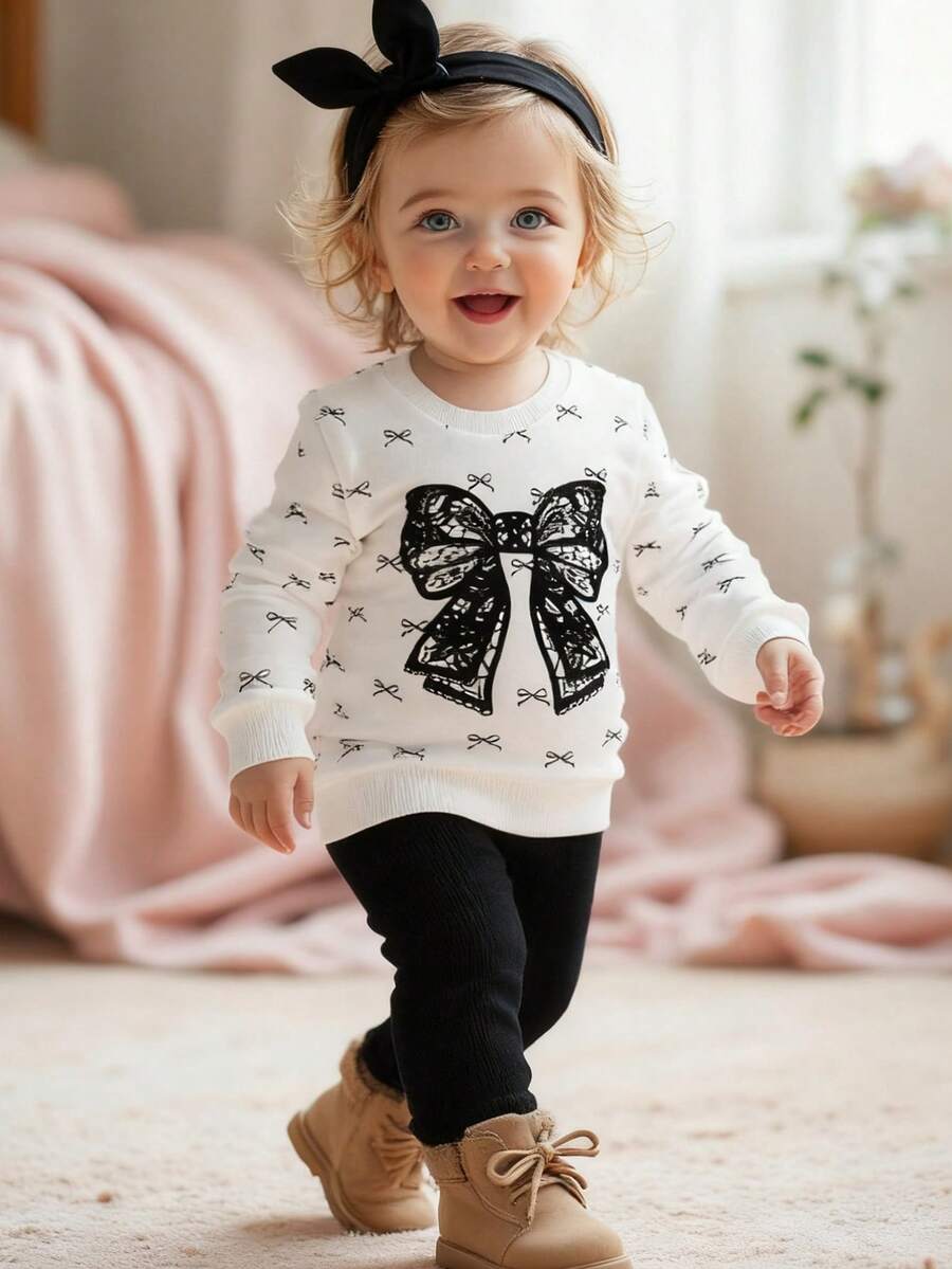 2pcs/Set Baby Girl Fashion Cute Bow Print Faux Lace Effect Crew Neck Long Sleeve Sweatshirt And Ribbed Leggings Pants Set, Suitable For Outings, Home And Leisure, Autumn/Winter