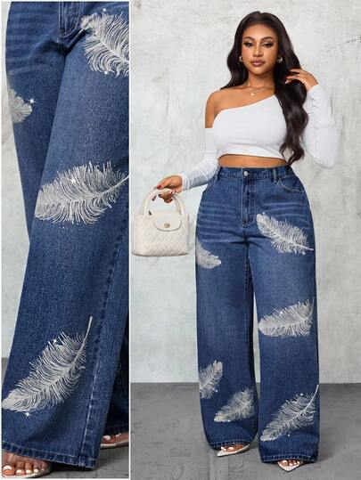 Slaydiva Plus Size Feather Pattern Casual Jeans