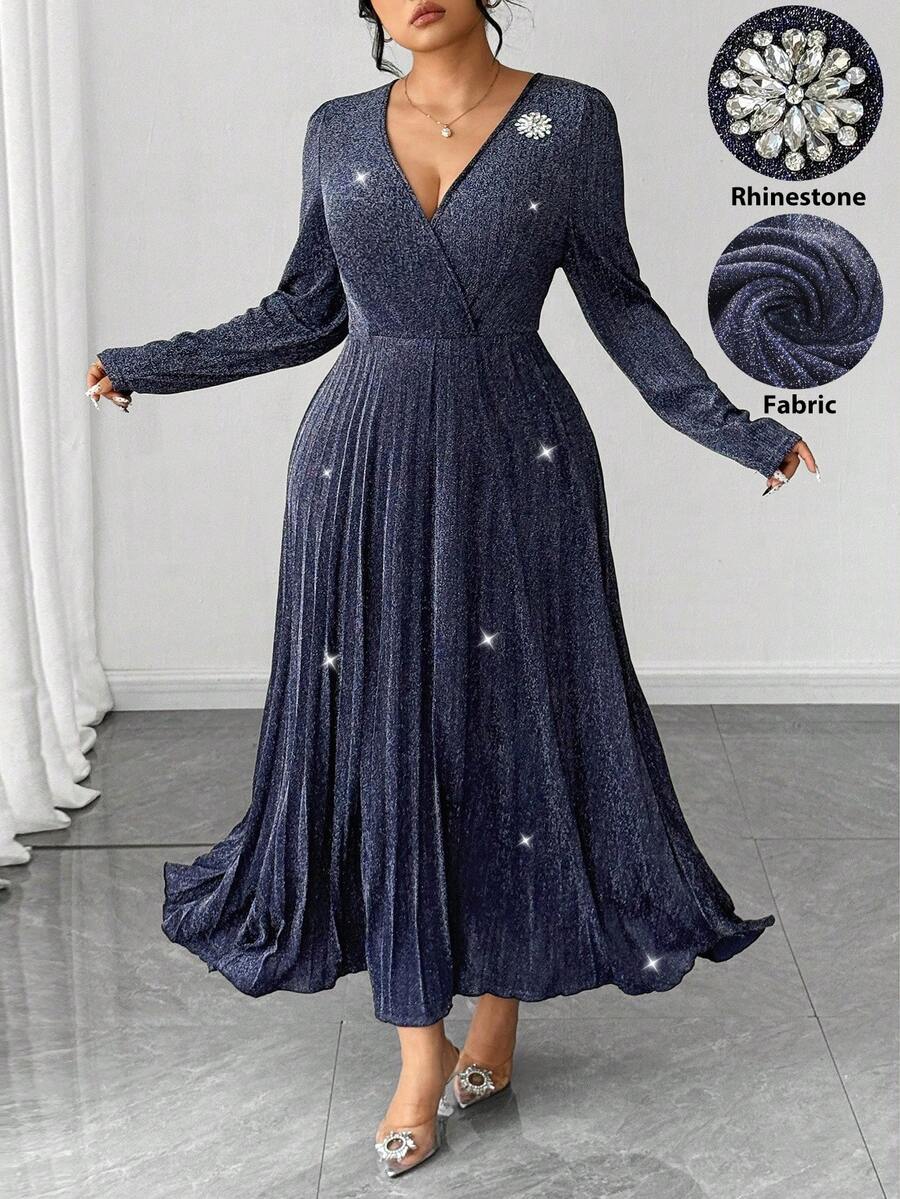 SHEIN Elenzya Plus Size Women's Elegant Glitter Knit V-Neck Puff Sleeve Rhinestone Decor Ruched Maxi Dress - Navy Blue - View 1