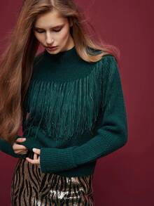 Maija Women's Green Fringe Knit Long Sleeve Sweater Autumn Winter Clothes For Women - Green - View 4