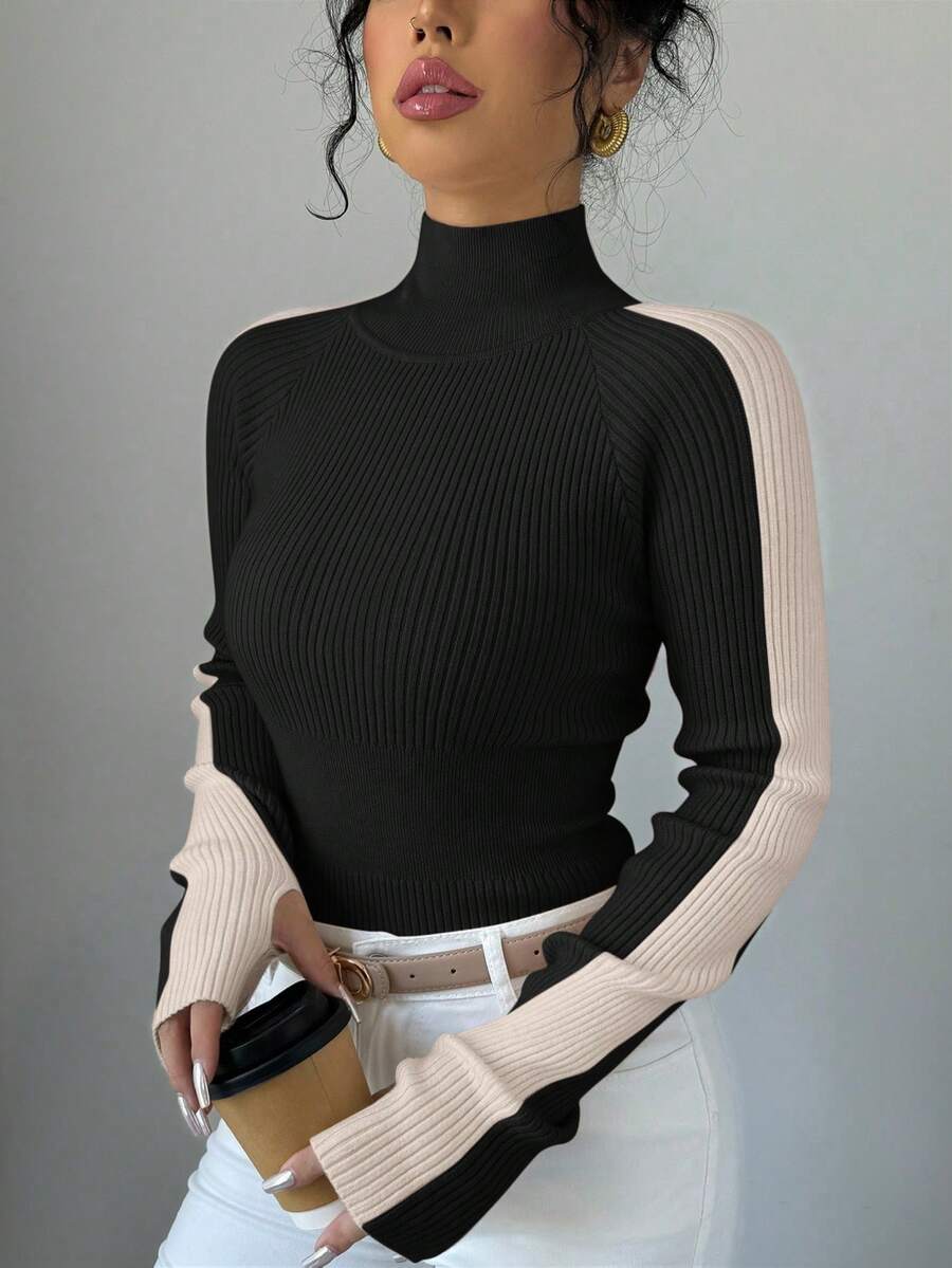 RosyDaze 女士休闲日常通勤撞色高领插肩袖修身毛衣,秋冬 - 黑色 - 查看 1