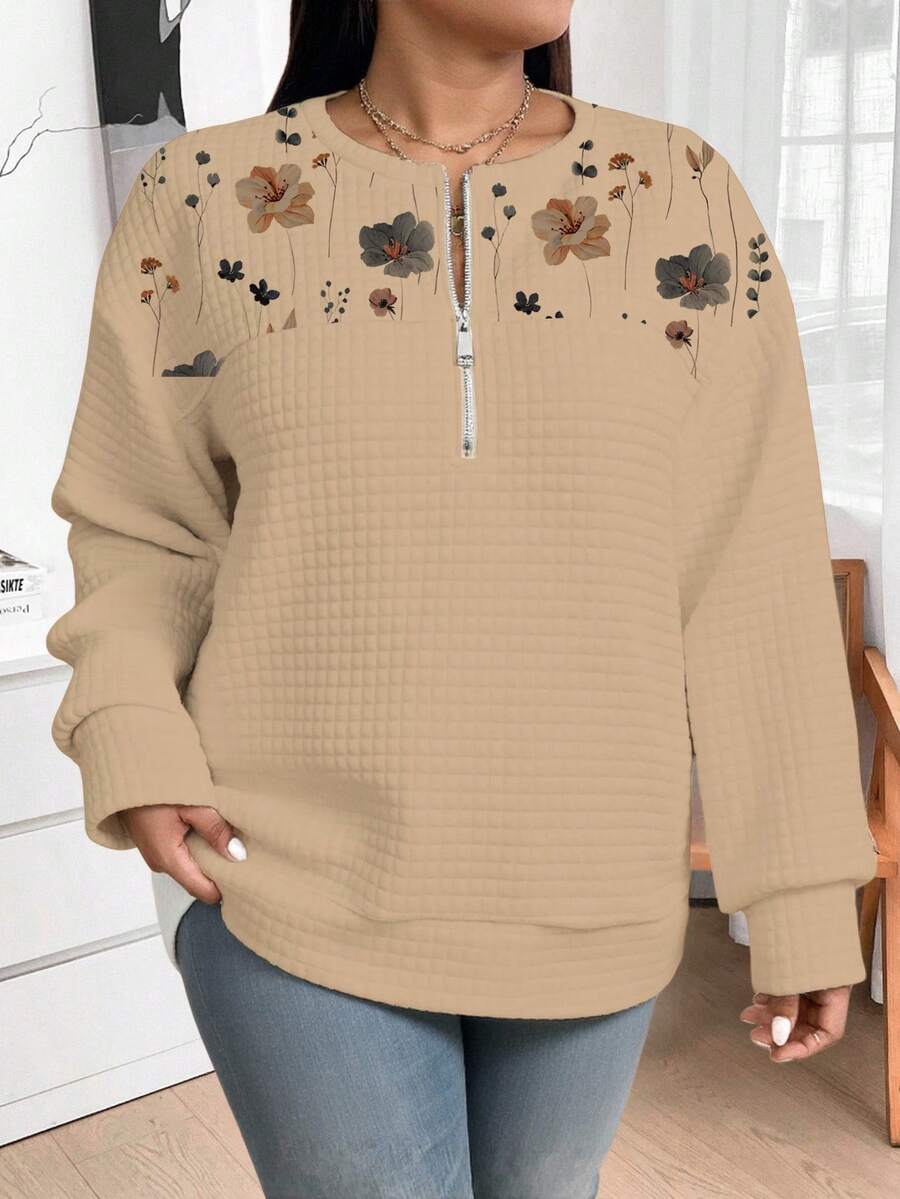 SHEIN LUNE 大码女式感恩节休闲优雅印花宽松半拉链卫衣，秋冬季 - 彩色 - 查看 1