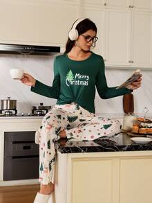 CoupledUp Doze Lane Christmas Element Print Long Sleeve Top & Pants Pajama Set For Women Christmas Pajamas Women Women's Pj Sets Loungewear Women Set, Fall Winter Clothes - Army Green - View 6