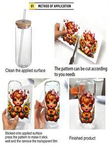 SHEIN Basic living 4Pcs Cute Highland Cow UV DTF Cup Decals - Libbey Glass 16oz Glass Waterproof Transfer Stickers - Fashion DIY Crafting 3D Crystal Labels, Durable Scratch-Resistant DIY Transfer Stickers For Mugs, Iced Coffee Cups, Water Bottles, Furniture, Laptops - High Quality Plastic, 11x24cm/4.3x9.4in