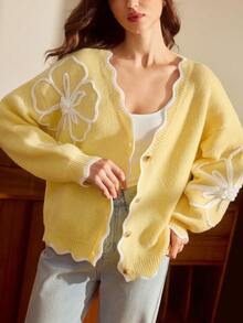 Vintamour 女士花卉撞色开衫毛衣，适合秋冬季、圣诞节、新年和感恩节穿着。 - 黃色 - 查看 2